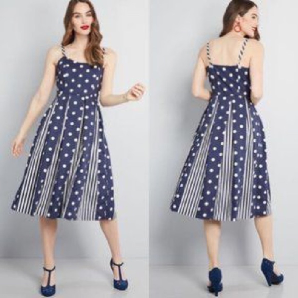 ModCloth Midi Pleated Pockets Tank Dress Navy Blue Polka Dot Stripes Size 8